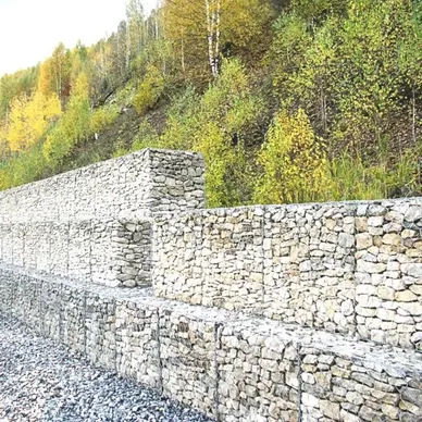 Shown here is a gabion retaining wall providing protection of a steep slope